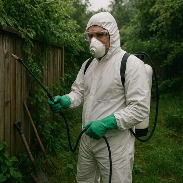 Fachmann in Schutzkleidung bei der Schädlingsbekämpfung im Garten – Schädlingsbekämpfung Berlin
