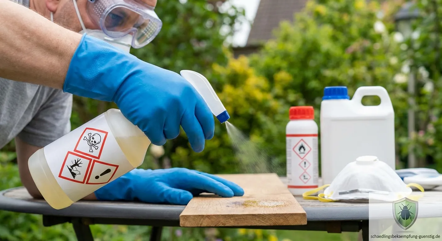 Person mit Schutzhandschuhen liest aufmerksam das Etikett einer Biozid-Flasche