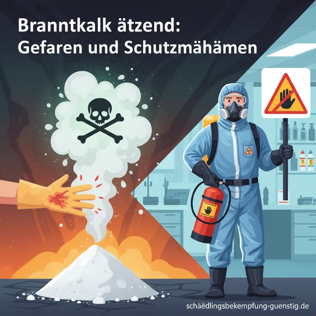 Warnschild mit Hinweis auf ätzende Stoffe vor einem Sack Branntkalk