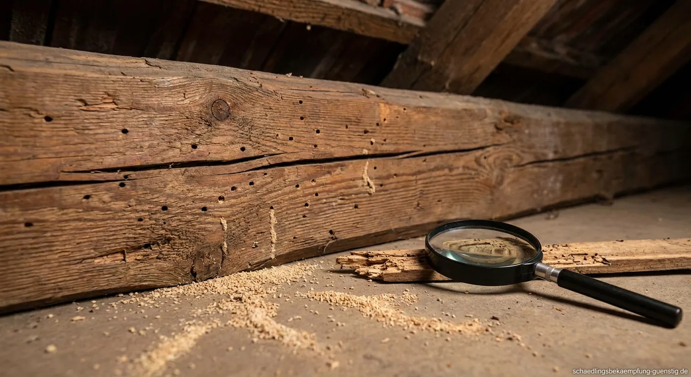 Nahaufnahme von typischen Holzwurmlöchern in einem alten Holzbalken