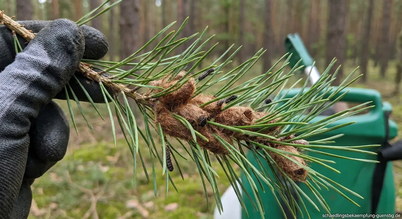Kiefernspinner Raupe frisst an Kiefennadeln im Wald