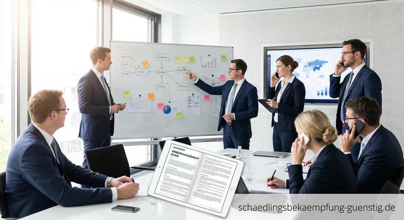 Team bespricht Strategien für Krisenmanagement professionell im Meetingraum