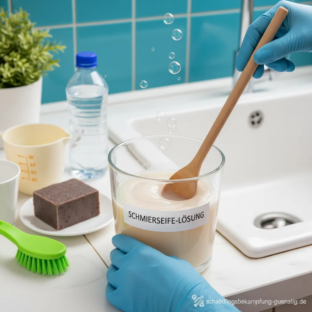 Feste Schmierseife wird in einer Schüssel mit warmem Wasser aufgelöst