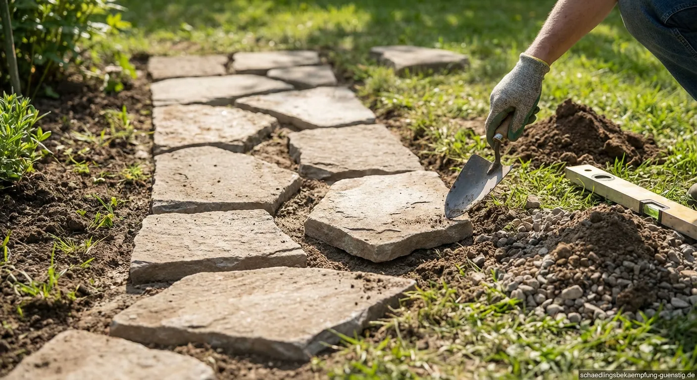 Professionell verlegte Trittsteine in einem grünen Garten