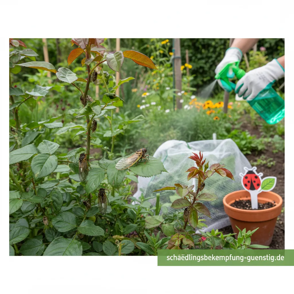 Nahaufnahme einer Zikade auf einem grünen Blatt im Garten